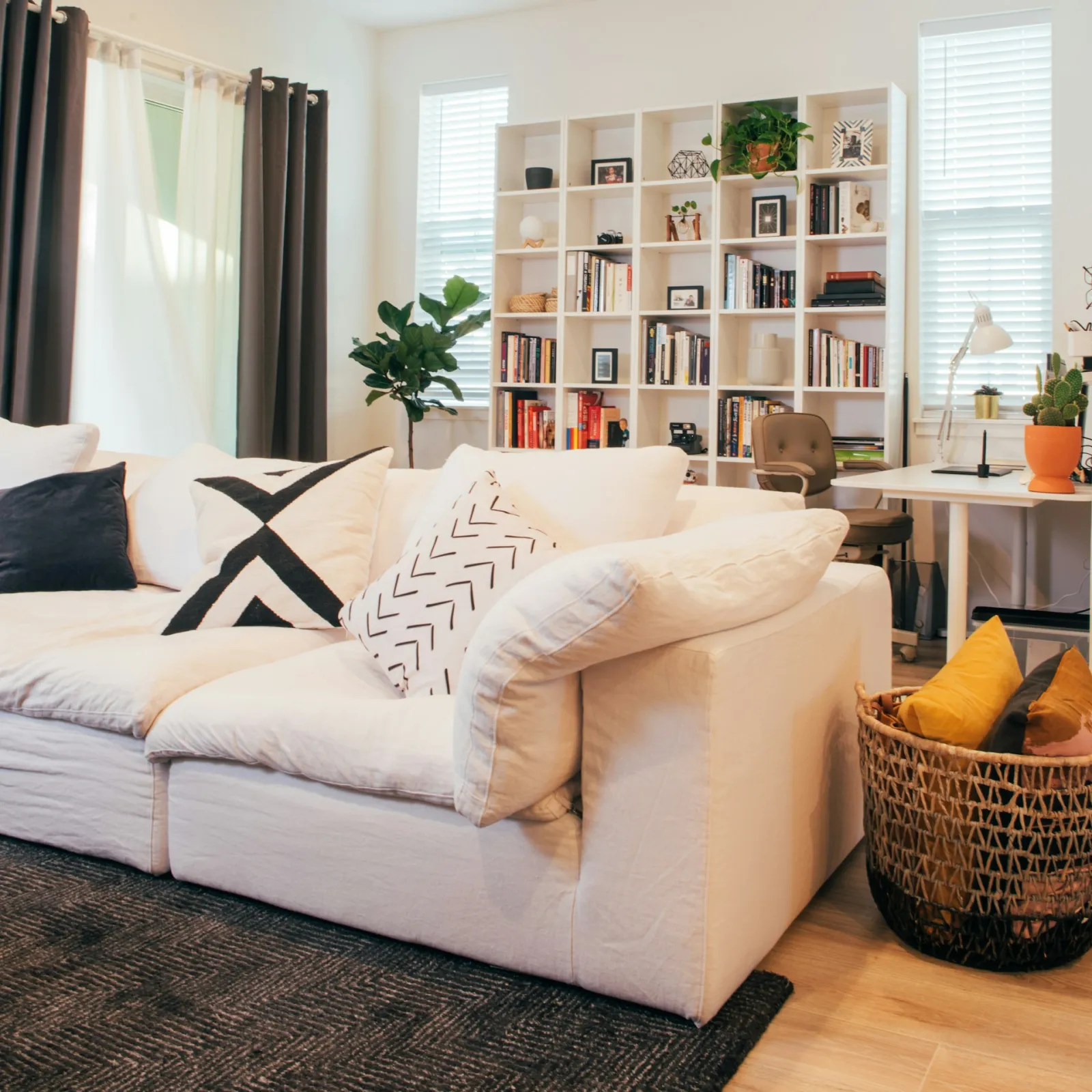 Bright living room of a furnished home, white sofa and bookshelves